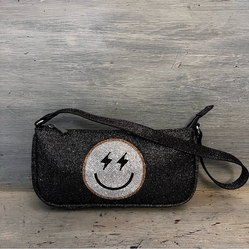 Skinny Dip Black Shimmer Rhinestone Smiley Face Shoulder Bag Purse‎ Like New